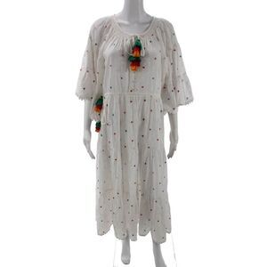 Tessora Women Kaftan Maxi Dress White Cotton 3/4 Sleeve Round Neck Size XS